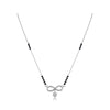 925 sterling silver mangalsutra with black bead chain, diamond-studded infinity pendant and floral charm on white background