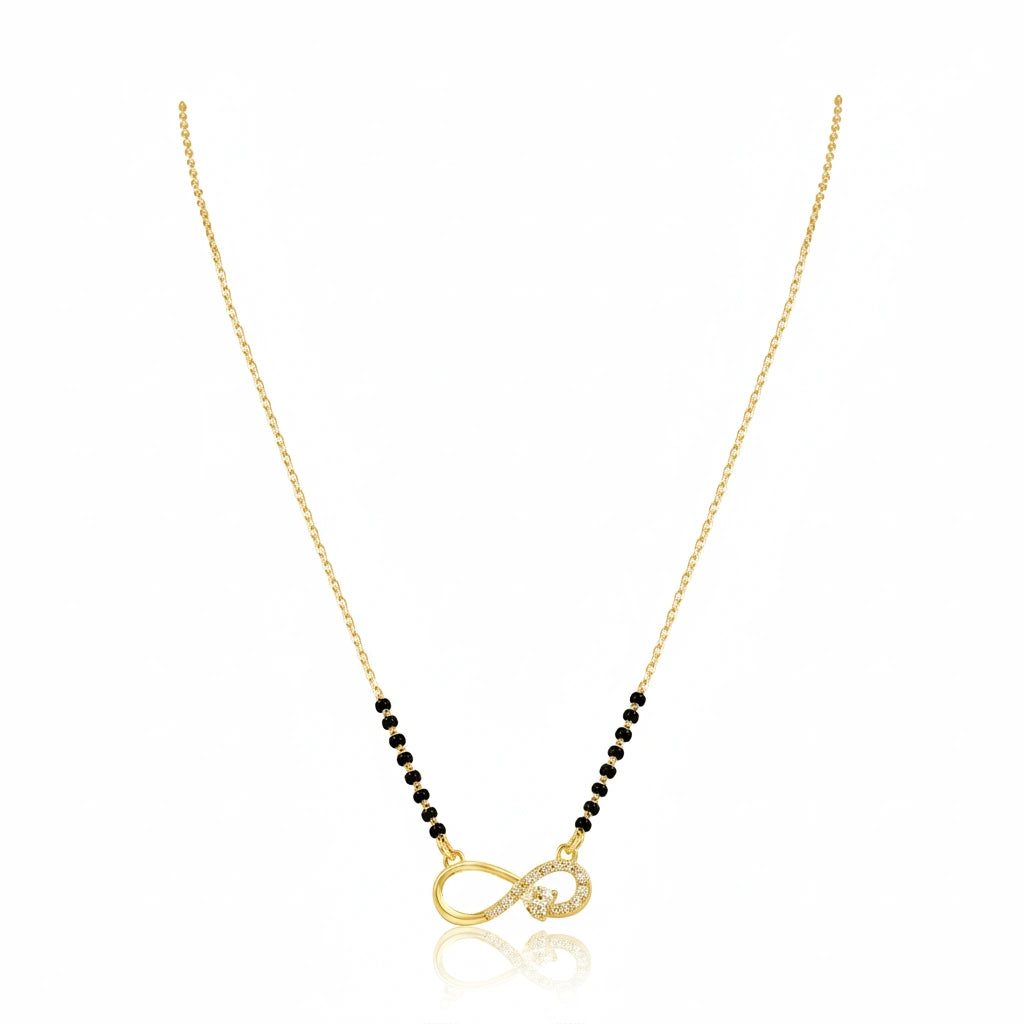 925 sterling gold infinity mangalsutra with black bead chain and diamond-studded infinity symbol pendant on white background