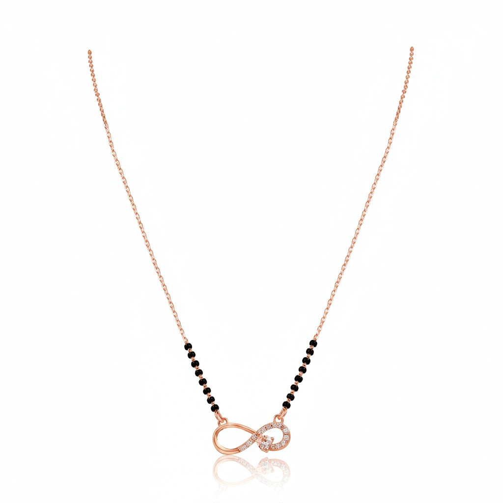 925 sterling rose gold infinity mangalsutra with black bead chain and diamond-studded infinity symbol pendant on white background