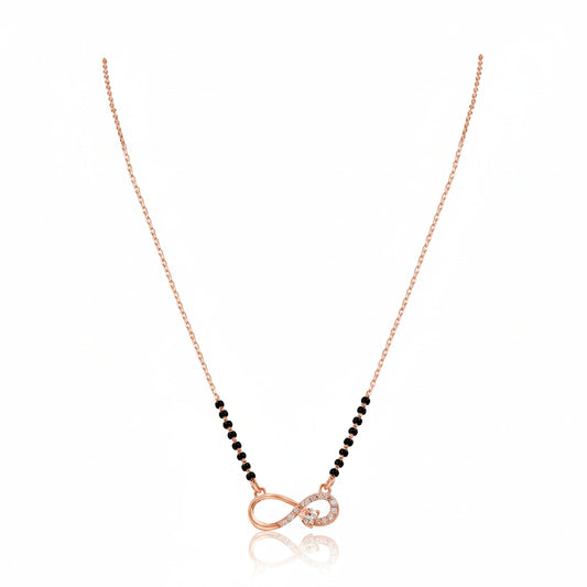 925 sterling rose gold infinity mangalsutra with black bead chain and diamond-studded infinity symbol pendant on white background
