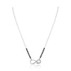 925 sterling silver infinity mangalsutra with black bead chain and diamond-studded infinity symbol pendant on white background


