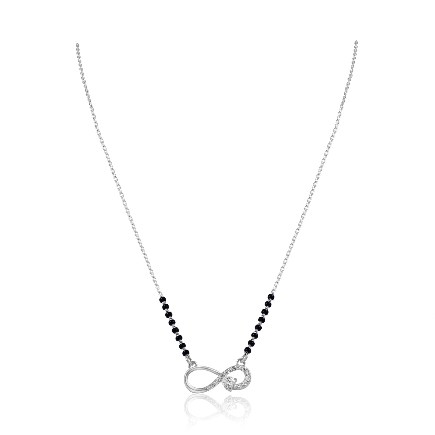 925 sterling silver infinity mangalsutra with black bead chain and diamond-studded infinity symbol pendant on white background

