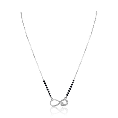 925 sterling silver infinity mangalsutra with black bead chain and diamond-studded infinity symbol pendant on white background

