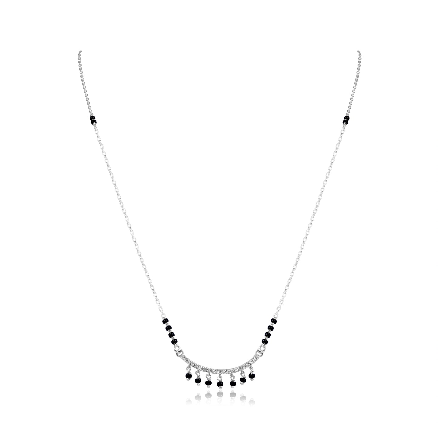 Sterling silver bridal mangalsutra with black bead chain and diamond-studded choker style pendant with dangling black bead drops on white background