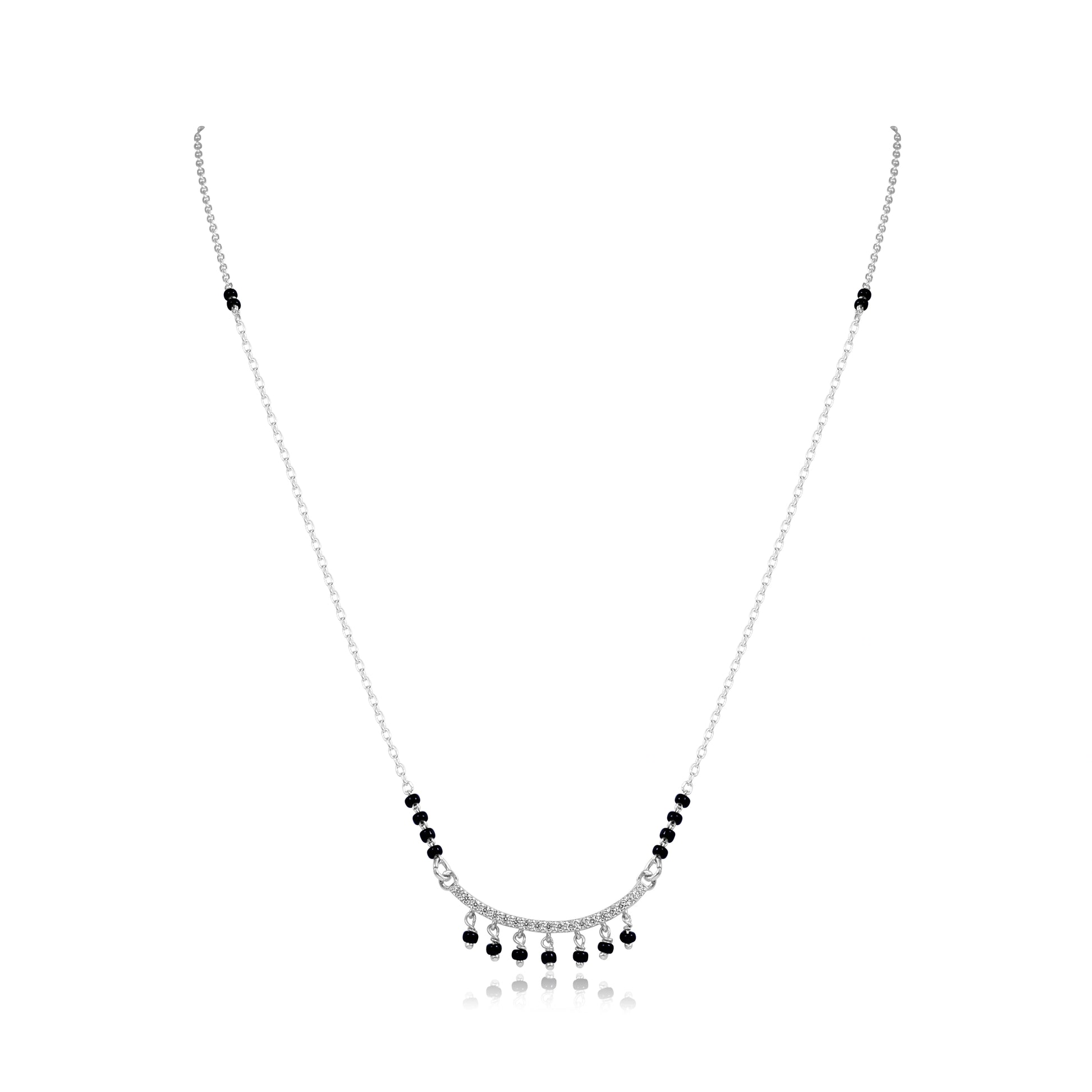 Sterling silver bridal mangalsutra with black bead chain and diamond-studded choker style pendant with dangling black bead drops on white background