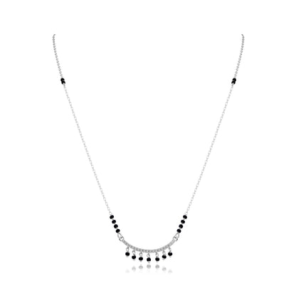 Sterling silver bridal mangalsutra with black bead chain and diamond-studded choker style pendant with dangling black bead drops on white background