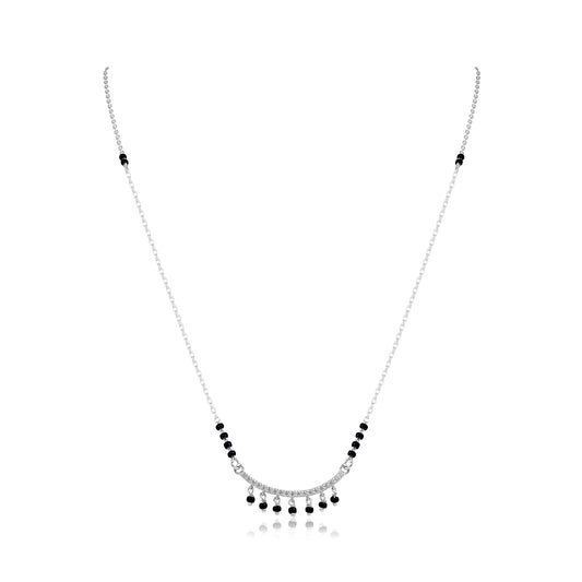 Sterling silver bridal mangalsutra with black bead chain and diamond-studded choker style pendant with dangling black bead drops on white background
