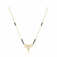 Gold infinity mangalsutra with black bead chain, diamond-studded infinity symbol and floral drop pendant on white background