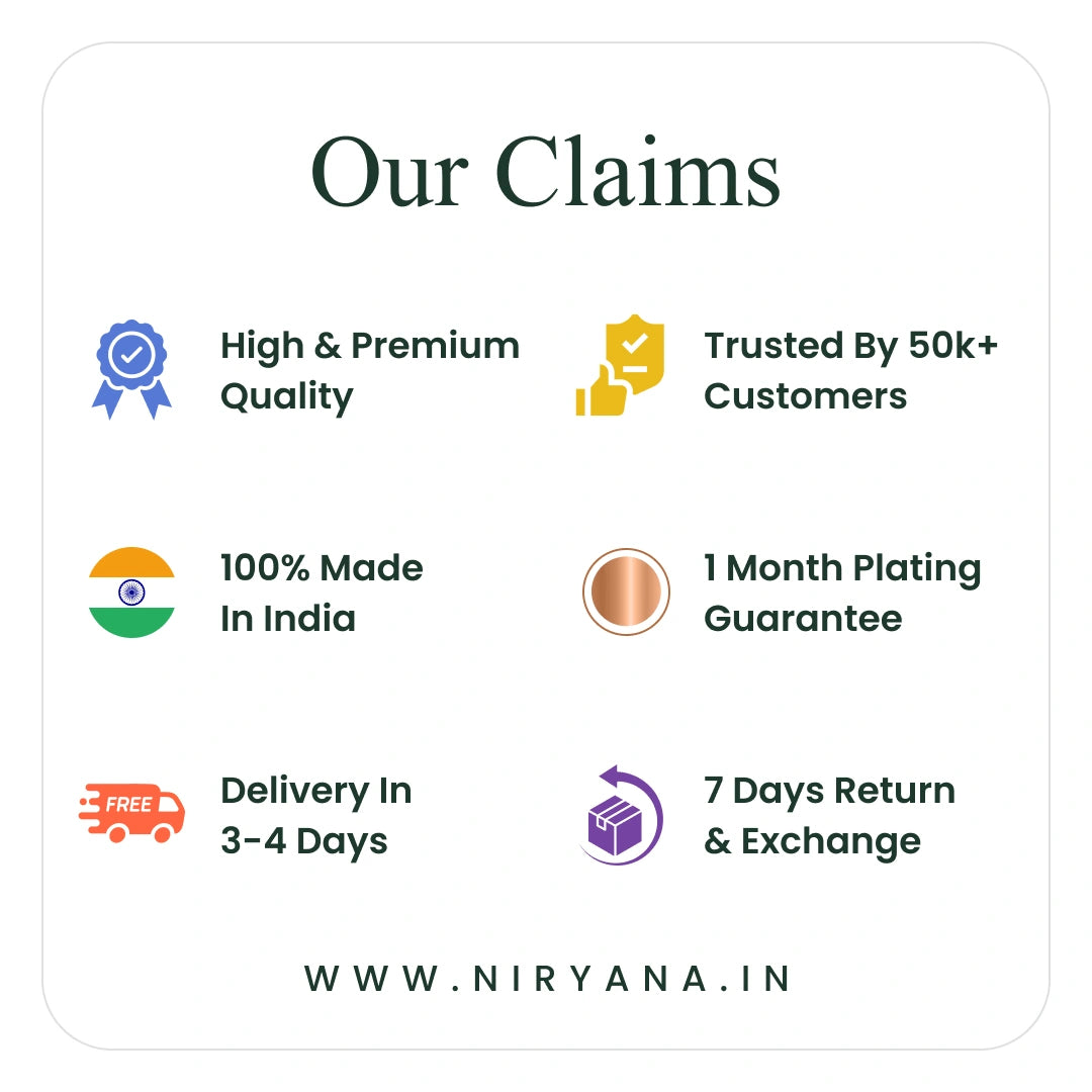 List of product claims with icons and text on a white background, featuring the brand 'Niryana'.