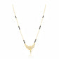Short fancy gold mangalsutra with black bead chain and diamond-studded floral scroll pendant with heart drop on white background