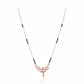 Short fancy rose gold mangalsutra with black bead chain and diamond-studded floral scroll pendant with heart drop on white background
