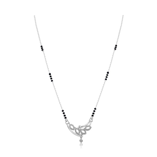 Short fancy silver mangalsutra with black bead chain and diamond-studded floral scroll pendant with heart drop on white background