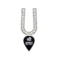 Diamond-studded silver U-shaped pendant with black enamel Shri Radha heart tag, product photo on white background