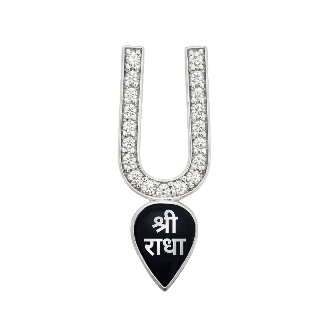 Diamond-studded silver U-shaped pendant with black enamel Shri Radha heart tag, product photo on white background