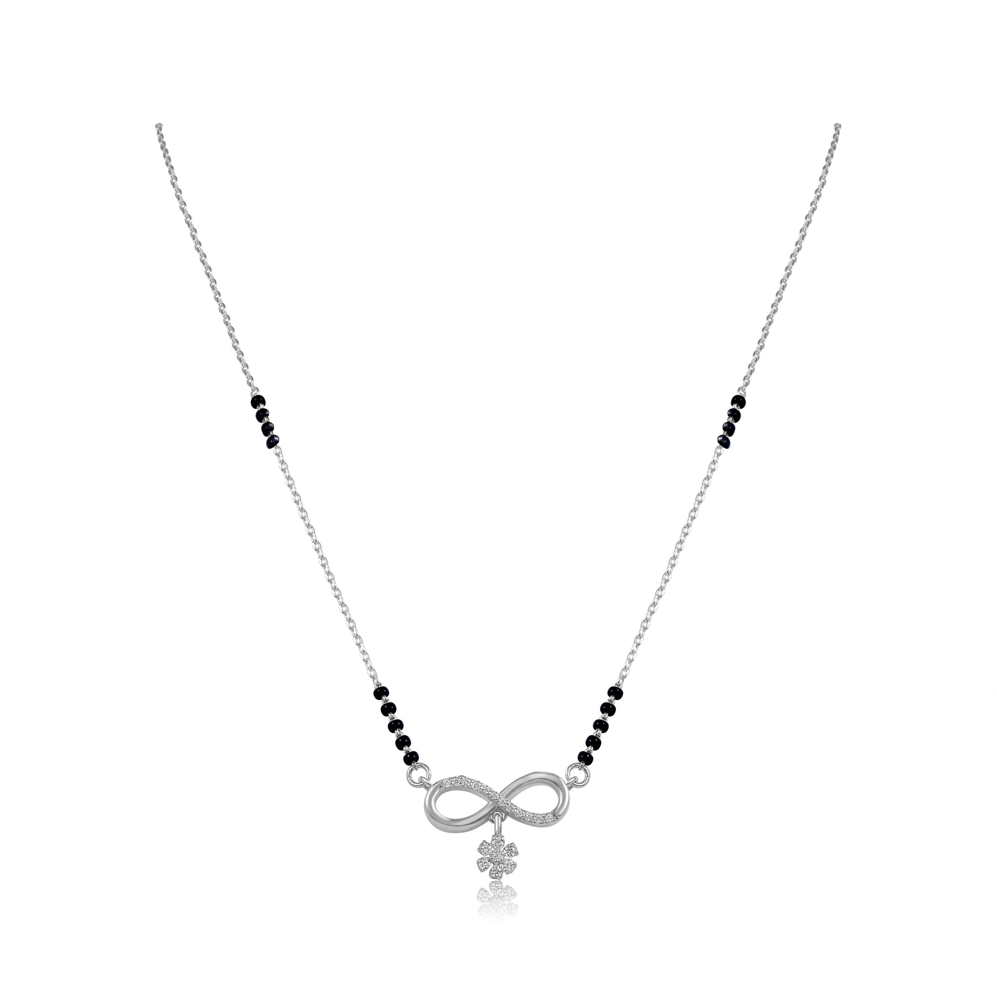 925 sterling silver mangalsutra with black bead chain, diamond-studded infinity pendant and floral charm on white background
